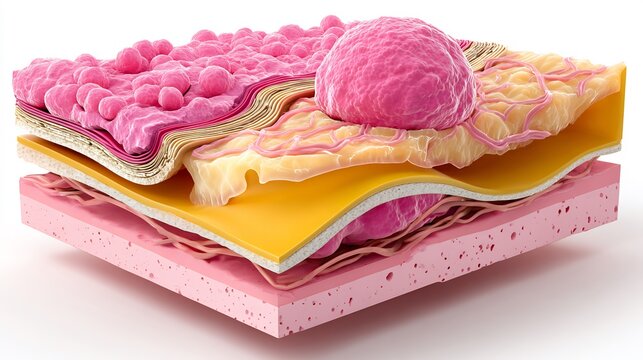 Flat realistic medical illustration of skin tumor under epidermis layers showing epidermis dermis hypodermis smooth tumor mass clean vector shading textbook clarity neutral medical color palette