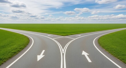 Obraz premium Asphalt road fork with directional arrows, highway split in green field landscape, concept of choice and decision making in business and life