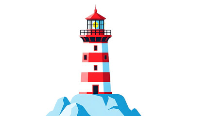 Vibrant lighthouse standing tall on rocky cliff with bright light beacon © Riyal