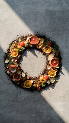 Fruit and flower wreath arranged in a circular pattern on a flat surface.