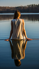 Woman sitting by a calm lake during sunset, reflecting on water.
