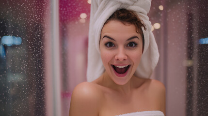 A young woman with a towel on her head smiling excitedly