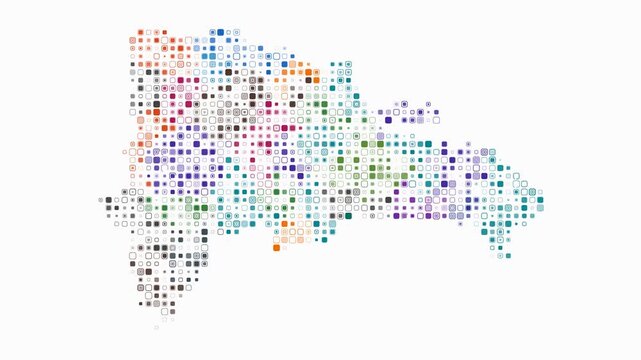 Dominican Republic map animation. Shape of the country with pulsating colored dots. Small size rounded square blocks. Digital style Dominican Republic map on white background. Creative video.