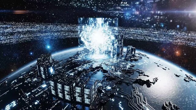 Futuristic cityscape in space, Artificial intelligence world concept, glowing data streams orbiting planet