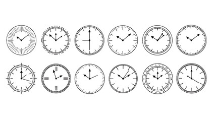 Collection of various analog clock faces on black background