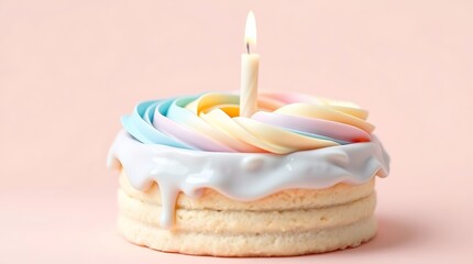Cute pastel birthday cake with melting rainbow frosting and a number one candle on top. Playful and sweet celebration concept on pink background.
