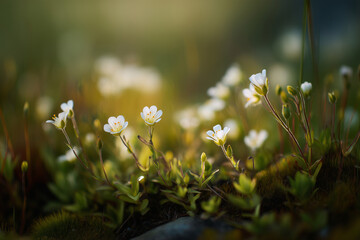 Fringed sandwort blooms in a serene natural landscape during golden hour
