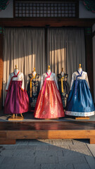 Traditional Korean hanbok dresses displayed on mannequins indoors.