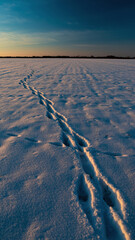 Snow-covered field with animal tracks under a sunset sky.