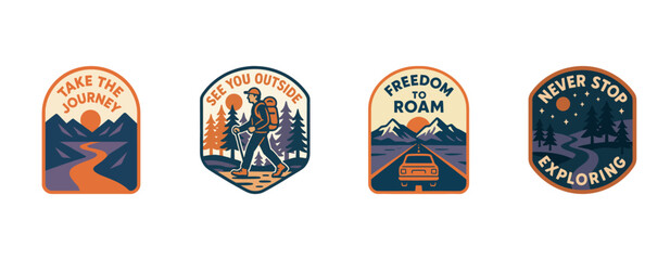 Naklejka premium Vintage outdoor adventure badges with hiking, driving, and exploration themes