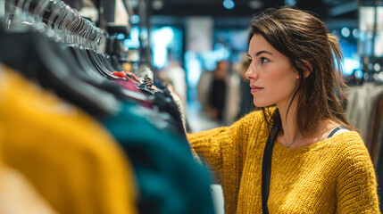 A woman in a yellow sweater shopping for clothes in a store