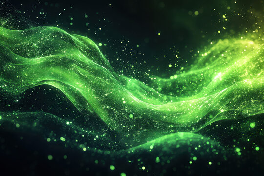 glowing green ethereal waves with sparkling cosmic particles for digital wallpaper - Powered by Adobe