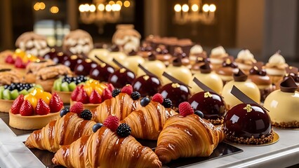 Many french croissants with berries and assorted delicious pastries on display for sale