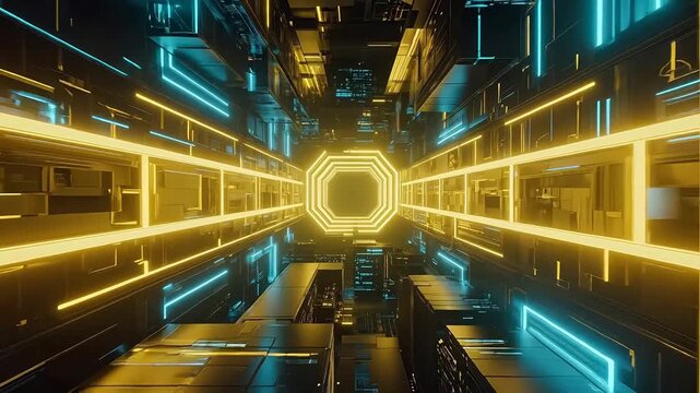 Futuristic corridor with neon lights