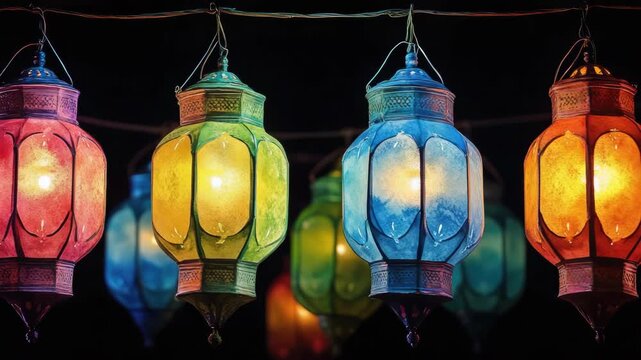 Multi-colored string lights hanging from ceiling in nighttime setting. Lanterns illuminate room with vibrant colors.