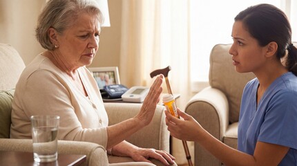 Elderly Woman Refusing Medication from Caregiver at Home