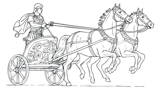 A chariot with a driver and two horses in outline vector style, suitable for historical illustrations and educational materials