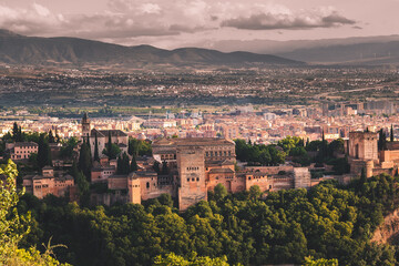 Fototapeta premium Landscape of the Alhambra in Granada. Landscape of the Alhambra with Sierra Nevada in the background.