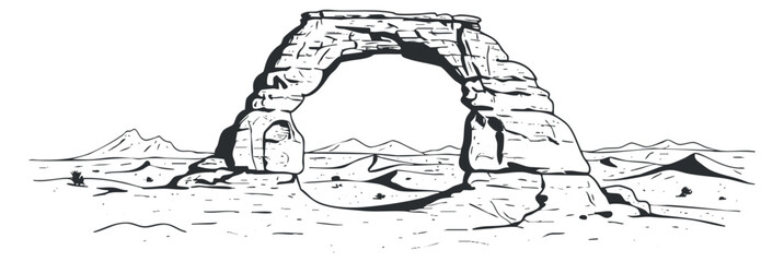 A detailed illustration of a natural rock arch in black and white minimalist vector style, ideal for outdoor adventure themes