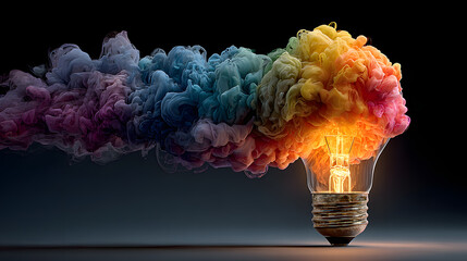 Colorful Rainbow Smoke Explosion from Light Bulb on Black Background