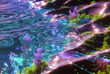 Abstract ethereal landscape with glowing neon water and futuristic plant life vivid digital illustration