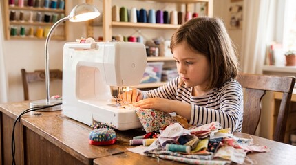 Young Girl Learning to Sew with a Sewing Machine at Home
