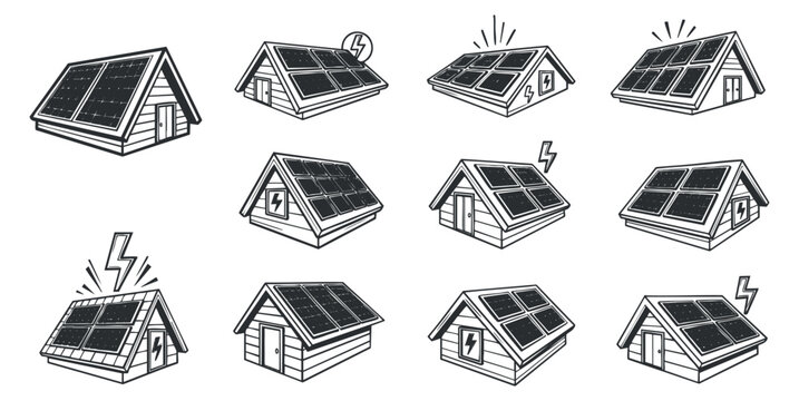 A collection of solar panel icons on houses in minimalist black and white vector style, ideal for renewable energy projects and eco-friendly designs