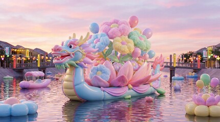 A colorful dragon boat carrying giant cotton candy flowers floating on a peaceful river in an old town during a beautiful and poetic 3D sunset scene