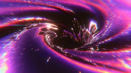Dynamic cosmic swirl with magenta energy trails and digital scanline artifacts