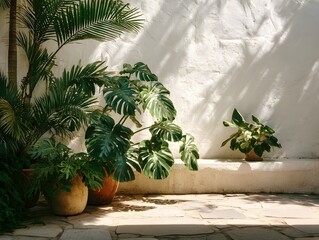 Obraz premium Lush tropical garden corner with vibrant green palm leaves, monstera plants surrounding a stone patio, bright sunlight casting dappled shadows.