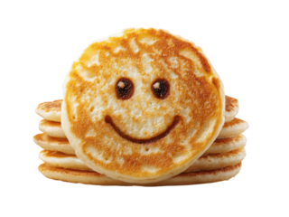 Stacked golden pancakes with smiley face isolated on black food breakfast