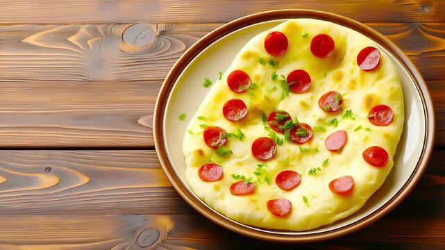 Flatbread pizza topped with pepperoni slices and fresh green herbs on a rustic ceramic plate. Simple homemade snack or appetizer on a dark wooden table background.