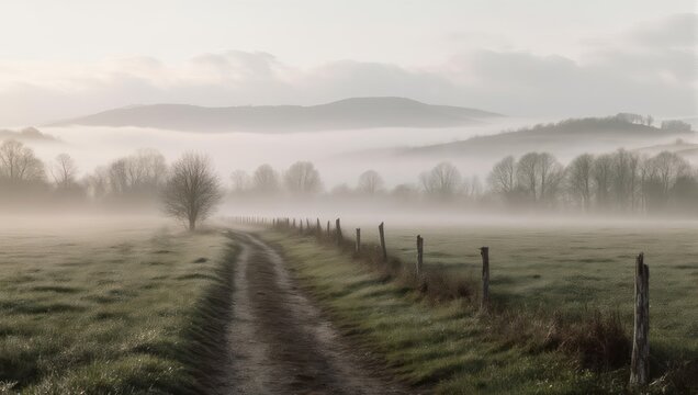 Misty Morning Path - Serene Landscape with Fog and Fenceline.