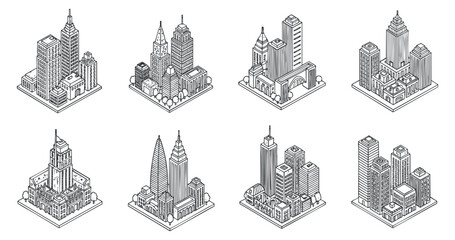 Fototapeta premium A set of eight isometric city buildings in monochrome outline style, ideal for urban planning and architectural design projects