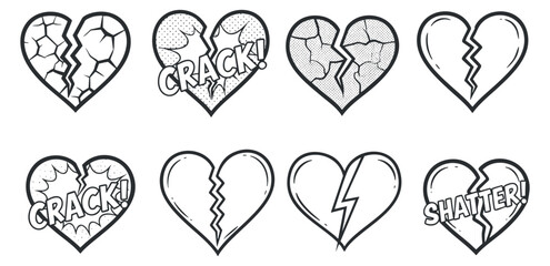 A collection of cracked and shattered hearts in outline vector style, ideal for expressing love and heartbreak themes