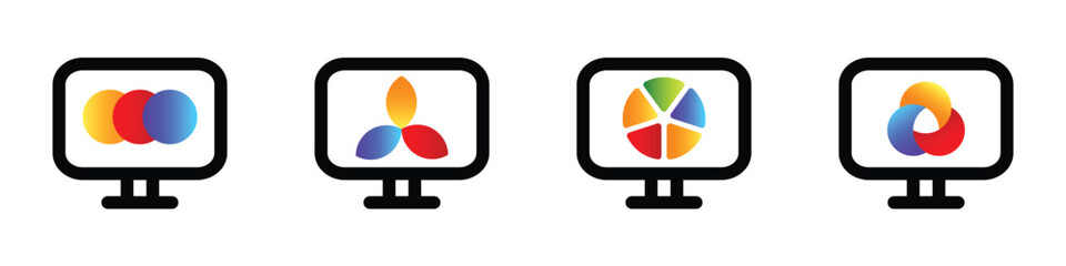 Vibrant colorful digital logos displayed on monitors.
