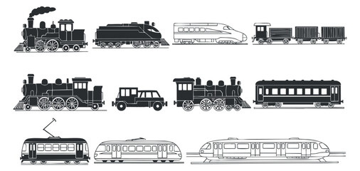 Obraz premium A set of various train illustrations including steam locomotives, modern trains, and freight cars in black and white vector style, perfect for transportation design projects