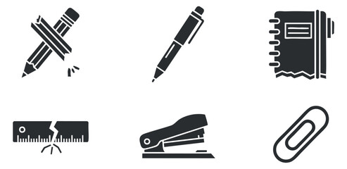A collection of black and white minimalist vector icons featuring stationery items like pencils, pens, a notebook, a ruler, a stapler, and a paperclip, ideal for educational and office themes