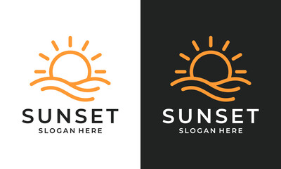 Fototapeta premium Simple sunrise logo design template illustration. Abstract sun with beach wave minimalist style design vector icon symbol