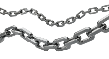 close-up of two floating sections of square chrome industrial chain with perfect specular highlights, against transparent background, concept of engineered elegance and boundaries