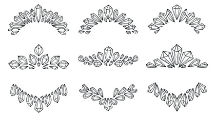 Obraz premium A collection of ornamental geometric designs featuring leaves and jewels in black outline vector style, perfect for decorative projects and invitations