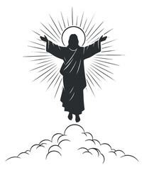 Fototapeta premium A silhouette of Jesus Christ with outstretched arms and radiant light in minimalist black and white vector style, ideal for religious themes