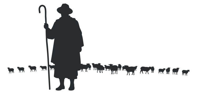 A silhouette of a shepherd with a staff leading a flock of sheep in minimalist vector style, suitable for agricultural themes and rural designs