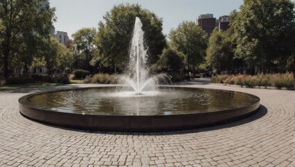 Modern circular water fountain in a serene city park on a sunny day.