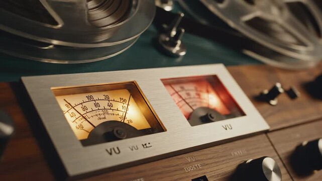 Close up of vintage reel to reel tape recorder with VU meters showing different audio levels in studio