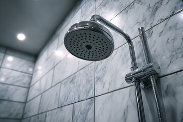 Luxurious shower interior with white Carrara marble tiles, grey veining, modern chrome rain head, minimalist fixtures, bright, clean lighting.