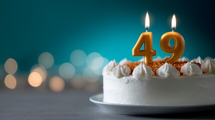 49th birthday cake with gold number 49 candles burning on white buttercream frosting on plate with teal bokeh lights background