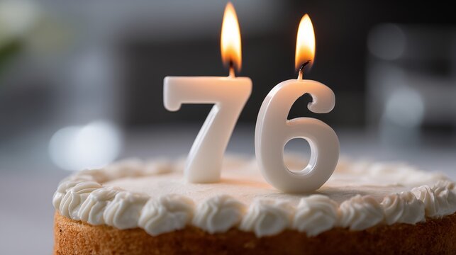 76th birthday cake with number 76 candles burning on buttercream frosting with soft bokeh lights background