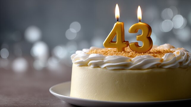 43rd birthday cake with gold number 43 candles burning on smooth white frosting on plate with sparkling bokeh lights background