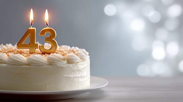 43rd birthday cake with gold number 43 candles burning on white buttercream frosting with sparkling bokeh lights background